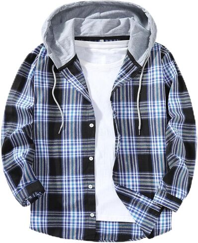 Men Flannel Jackets Flannel Hoodie Casual Button Down Plaid Jacket Shirts Stylish Long Sleeve Shirts with Pocket in Saudi Arabia