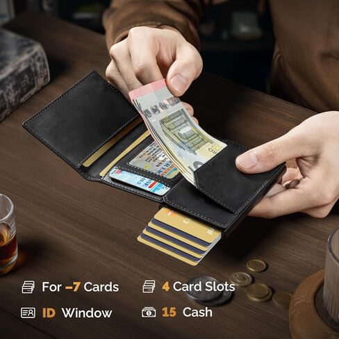محفظة YESIIW Airtag للرجال، محفظة ذكية للرجال لحجب RFID، حامل بطاقة ائتمان من الألومنيوم ثلاثي الطي البسيط مع نافذة لبطاقة الهوية، هدية للرجال، لا تتضمن بطاقة هوائية، أسود in Kuwait