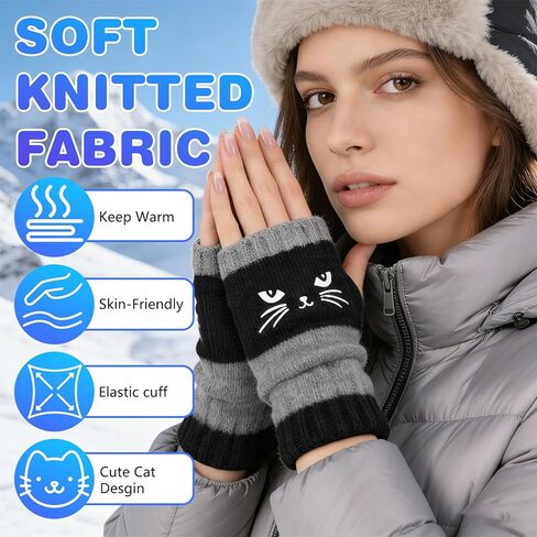 Cat Embroidery Splicing Knitted Gloves Warm Gloves Fashion Thick Warm Winter Gloves Winter Item Selection in Saudi Arabia