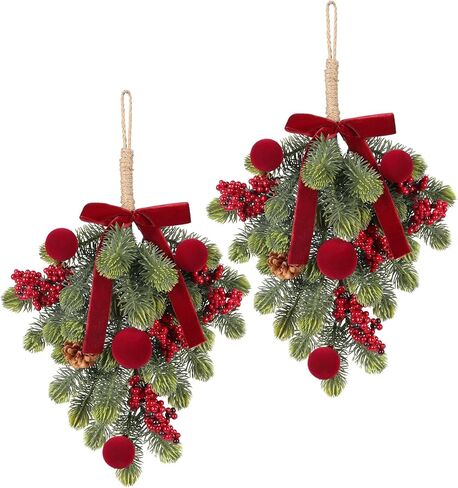 Super Holiday Christmas Decorations, 2PCS Artificial Green Plant Front Door Wreaths Hanging Decoration with Velvet Bow/Ball/Berry, for Winter Home Indoor Outdoor Wall Holiday Decor.(Burgundy) in Kuwait