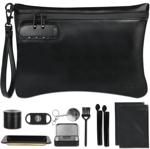 PU Leather Storage Bag with 8 PCS Accessories, 10'' X 7.8'' Medium Travel Organizers Pouch with Combination Lock, Waterproof Organizers Case, Great Gifts Ideal (Black) in Saudi Arabia