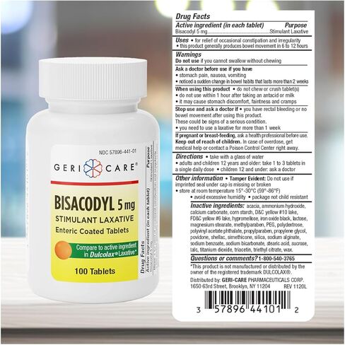 GeriCare Bisacodyl 5 mg Laxative Coated Tablet | Generic for Dulcolax | Stimulant Laxative | Gentle Overnight Constipation Relief 100 Count (Pack of 1) in Saudi Arabia