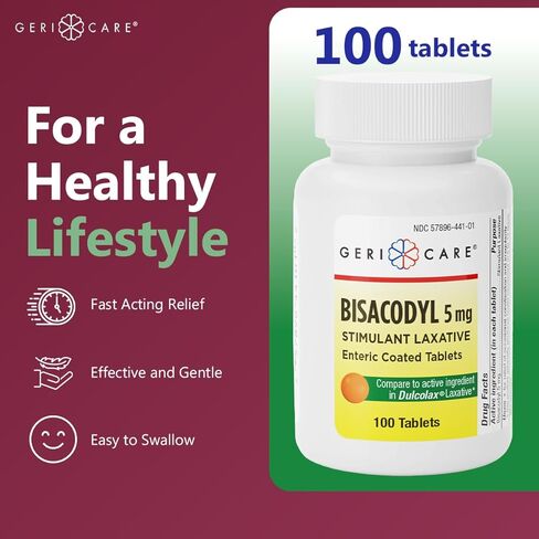 GeriCare Bisacodyl 5 mg Laxative Coated Tablet | Generic for Dulcolax | Stimulant Laxative | Gentle Overnight Constipation Relief 100 Count (Pack of 1) in Saudi Arabia