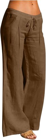 سروال كتان نسائي أنيق من القطن 2026 بنطلون بالازو واسع الساق منخفض الارتفاع مناسب للسفر والشاطئ والعطلات لربيع وصيف in Kuwait