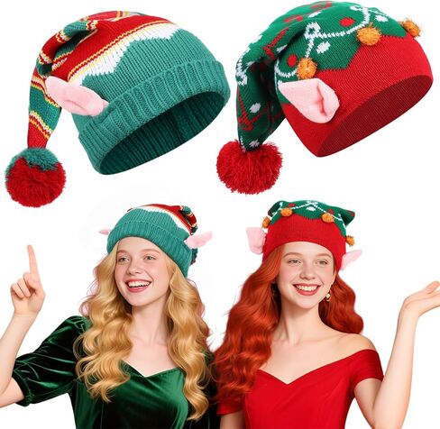 JenPen 2 Pcs Christmas Elf Hat with Ears for Adult Xmas Knit Santa Beanie Hat with Pom Pom for New Year Festive Holiday Party in Saudi Arabia
