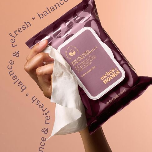 Niches & Nooks تنظف مناديل Nooks الأنثوية - كليمنتين ناعمة - مناديل حميمة متوازنة لدرجة الحموضة للنساء، تحكم في الرائحة، لطيفة للبشرة الحساسة - 45 قطعة in Kuwait