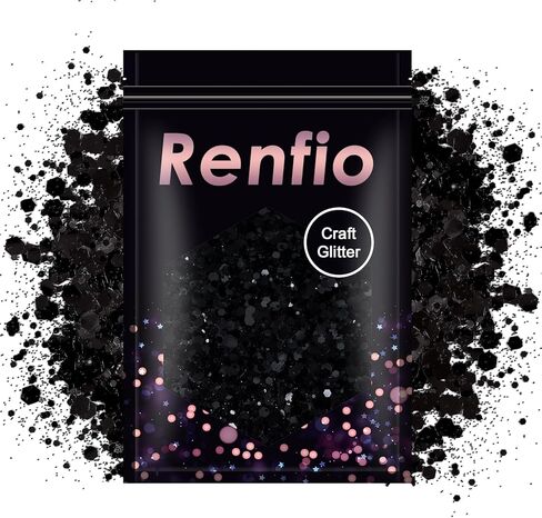 Renfio Black Chunky Glitter, 3.5 Oz (100g) Mixed Fine Powder PET Flake Iridescent Sequins Face Black Glitters for Halloween, Craft Resin, Tumbler Ornament Painting, Hair Body, Wedding Decor - Black in Kuwait