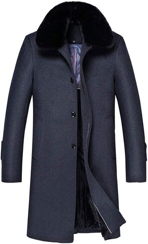 ebossy Men's Removable Fur Collar Fleece Lined Single Breasted Wool Trench Overcoat in Saudi Arabia