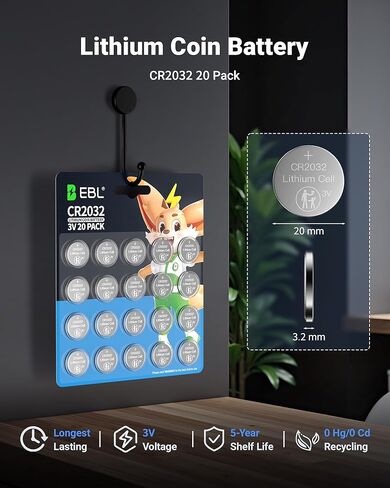 بطاريات EBL CR2032، بطارية عملة 3 فولت، 20 حزمة، بطارية 2032 طاقة طويلة الأمد، حزمة مقاومة للأطفال in Kuwait