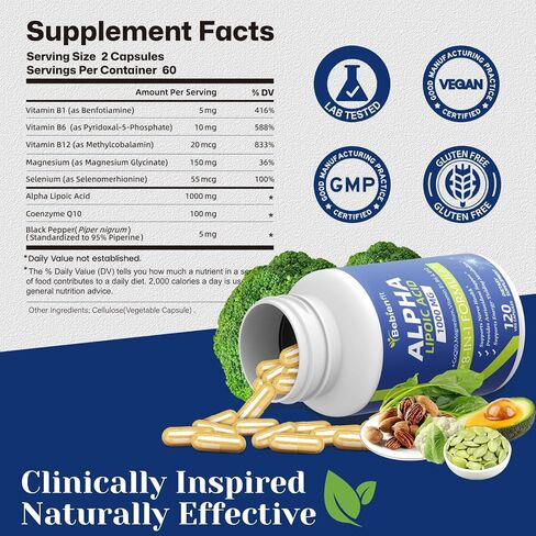 Alpha Lipoic Acid 1000mg Neuropathy Supplements Capsules, 8-IN-1 ALA for Nerve Health in Hands & Feet, Nervous System and Antioxidant with Magnesium Glycinate, CoQ10 & B1, B6, B12 – Vegan 120 Caps in Saudi Arabia