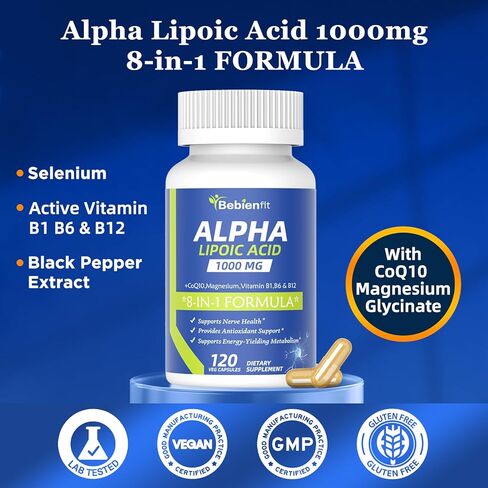 Alpha Lipoic Acid 1000mg Neuropathy Supplements Capsules, 8-IN-1 ALA for Nerve Health in Hands & Feet, Nervous System and Antioxidant with Magnesium Glycinate, CoQ10 & B1, B6, B12 – Vegan 120 Caps in Saudi Arabia