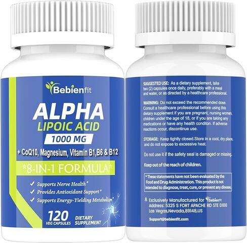 Alpha Lipoic Acid 1000mg Neuropathy Supplements Capsules, 8-IN-1 ALA for Nerve Health in Hands & Feet, Nervous System and Antioxidant with Magnesium Glycinate, CoQ10 & B1, B6, B12 – Vegan 120 Caps in Saudi Arabia