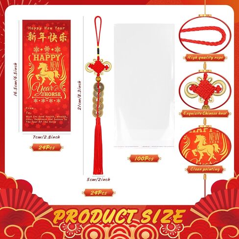 24 Sets 2026 Chinese New Year Gifts Bulk Hanging Chinese Lucky Feng Shui Coins Ornaments Red Knot with Horse Greeting Cards Clear Plastic Bags for Lunar New Year Wealth Good Luck in Saudi Arabia