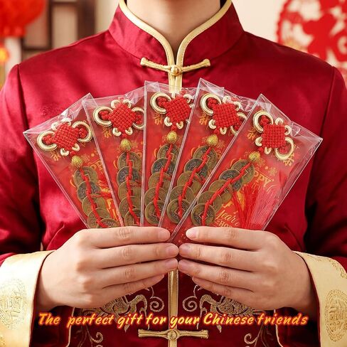 24 Sets 2026 Chinese New Year Gifts Bulk Hanging Chinese Lucky Feng Shui Coins Ornaments Red Knot with Horse Greeting Cards Clear Plastic Bags for Lunar New Year Wealth Good Luck in Saudi Arabia