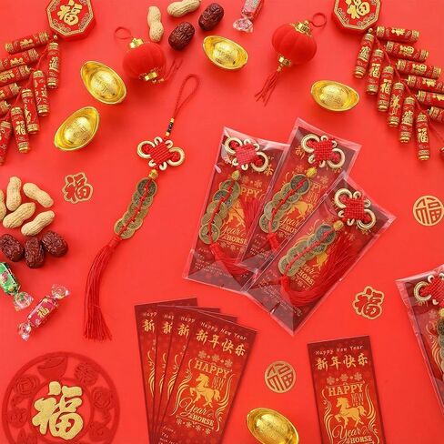 24 Sets 2026 Chinese New Year Gifts Bulk Hanging Chinese Lucky Feng Shui Coins Ornaments Red Knot with Horse Greeting Cards Clear Plastic Bags for Lunar New Year Wealth Good Luck in Saudi Arabia