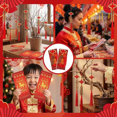 24 Sets 2026 Chinese New Year Gifts Bulk Hanging Chinese Lucky Feng Shui Coins Ornaments Red Knot with Horse Greeting Cards Clear Plastic Bags for Lunar New Year Wealth Good Luck in Saudi Arabia