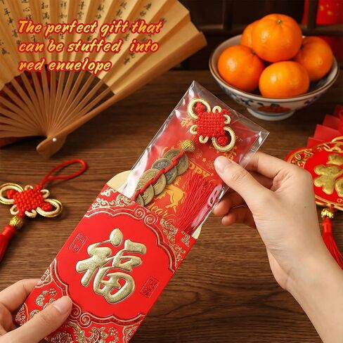 24 Sets 2026 Chinese New Year Gifts Bulk Hanging Chinese Lucky Feng Shui Coins Ornaments Red Knot with Horse Greeting Cards Clear Plastic Bags for Lunar New Year Wealth Good Luck in Saudi Arabia
