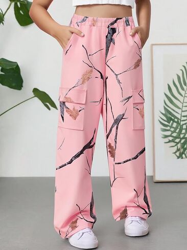 Girls Drawstring High Waisted Palazzo Pants Loose Graphic Print Casual Wide Leg Pants with Pockets in Saudi Arabia