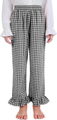 Flygo Girls Cotton Plaid Pants Gingham Elastic Waist Ruffle Hem Wide Leg Pants Cute Trousers for Teen Girl 5-14 Years in Saudi Arabia