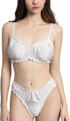 Women's Satin Lingerie Set 2 Piece Ruffled Frilly Silky Bra and Panty Set in Saudi Arabia