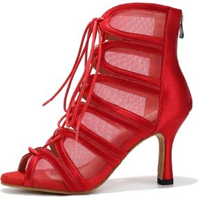 Women's Ballroom Ankle Dance Boots Lace-up Open-Toe Practice Latin Salsa Dance Shoes,Model YC-L444-Suede Sole-3.33" Heel in Kuwait