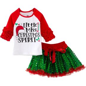 Girls 2 Piece Ruffled Sleeve Tulle Kids Toddler Skirt Set Dress Outfit in Kuwait