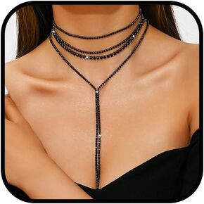 Long Rhinestone Lariat Necklace Silver Black Statement Bling Sparkly Cz Tennis Chain Choker Layered Faux Diamond Y Necklaces Prom Jewelry for Women (Black) in Saudi Arabia