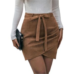 تنورة قصيرة للسيدات من Floerns مصنوعة من الجلد السويدي الصناعي تنورة قصيرة ضيقة لرعاة البقر الغربيين بعقدة على شكل فيونكة عالية الخصر تنانير الخريف in Kuwait