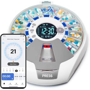 موزع حبوب منع الحمل الذكي VEXA VitaMate Pro 21 مع دوران تلقائي، وحاويات حبوب منع الحمل المرتفعة، وتنبيهات الصوت والضوء، وتذكير الدواء الذي يتم التحكم فيه من خلال التطبيق ومتتبع للأقراص والكبسولات والمكملات الغذائية in Kuwait