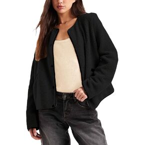 Womens Fleece Jacket Fuzzy Casual Long Sleeve Round Neck Button Down Coat Sherpa Outwear with Pockets in Saudi Arabia