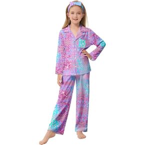 CARETOO Girls Pajamas Satin Long Sleeve Long Pants with Headband Pajama Set Kids Cute Button down Sleepwear 4-12Y in Kuwait