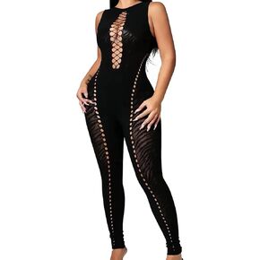 بذلة شبكية مثيرة للنساء، بدلة قطعة واحدة من شبكة صيد السمك على شكل نمر بدون أكمام، بدلة سوداء للنادي in Kuwait