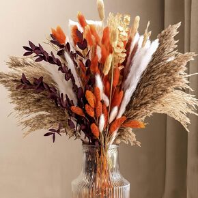 130 قطعة من عشب بامباس البرتقالي الحقيقي، 17 بوصة زهور مجففة طبيعية بوهو ديكور شتوي، باقة زهور خريفية مختلطة - ذيل أرنب أوكالبتوس ترتيبات زهور منزلية قطعة مركزية للزفاف in Kuwait