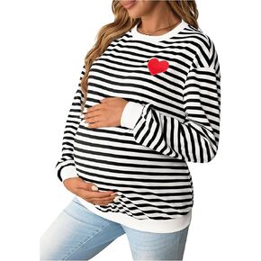 MakeMeChic Women's Maternity Sweatshirt Striped Heart Embroidery Crew Neck Long Sleeve Tops in Saudi Arabia