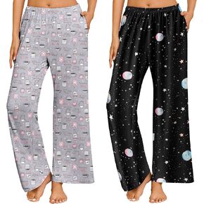 Ekouaer 2 Pack Women Pajama Pants Soft Casual Pajama Bottoms Comfy Wide Leg Sleep Pants Pj Bottoms with Pockets in Kuwait