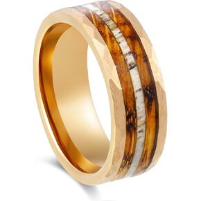 Men's Wedding Ring 8mm Rose Gold Hammered Tungsten Antler & Charred Whiskey Barrel Wood Inlay – Comfort Fit Mens Wedding Band with Antique Wooden Ring Box in Saudi Arabia