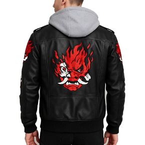 Cyborg Cyber Samurai Punk Cosplay Costume Bomber Leather Jacket with Removable Hood for Men in Saudi Arabia