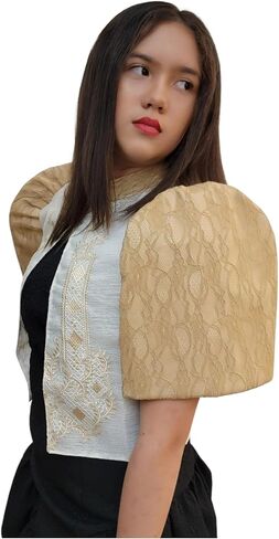 Filipiniana Bolero Top with Pink Floral Embroidery, White and Blush Lace Sleeves, Traditional Design in Saudi Arabia