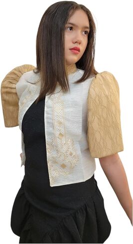 Filipiniana Bolero Top with Pink Floral Embroidery, White and Blush Lace Sleeves, Traditional Design in Saudi Arabia