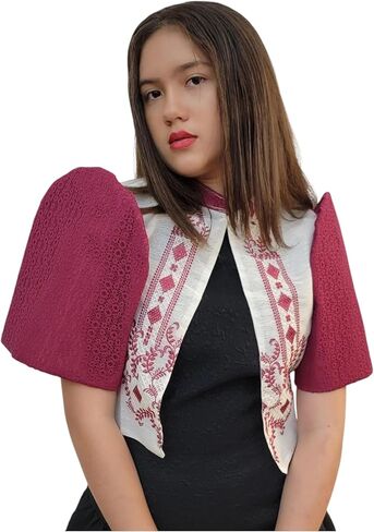Filipiniana Bolero Top with Pink Floral Embroidery, White and Blush Lace Sleeves, Traditional Design in Saudi Arabia
