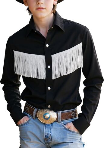 Spring&Gege Western Boys' Button-Down Shirts Long Sleeve, Pearl Snap Shirt with Fringe (5-14 Years) in Saudi Arabia