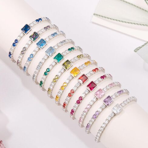 Birthstone Bracelets for Women Birthday Gifts 4CT Radiant Cut Birthstone 4mm Sterling Silver White Gold Tennis Bracelets for Women Round Cut 5A Cubic Zirconia Bezel Setting 7 Inch in Kuwait