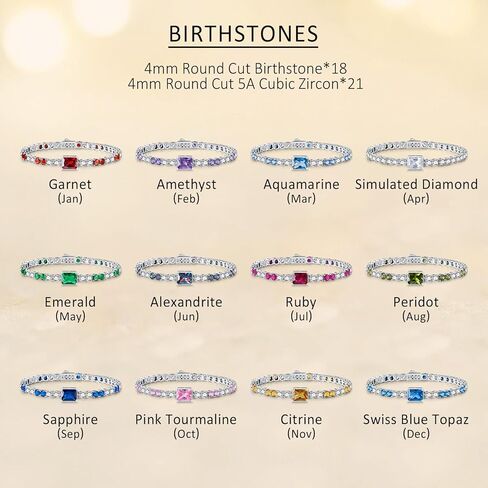 Birthstone Bracelets for Women Birthday Gifts 4CT Radiant Cut Birthstone 4mm Sterling Silver White Gold Tennis Bracelets for Women Round Cut 5A Cubic Zirconia Bezel Setting 7 Inch in Kuwait