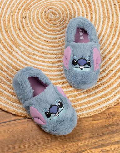 Disney Lilo & Stitch Girls Blue Slip On Loafer Slippers | Fluffy Character Face Indoor Lounging Footwear in Saudi Arabia