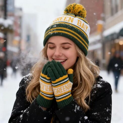 Classic Skull Cap Beanie Hat with Faux Fur Pom Cuffed Winter Hat Knit Comes with Warm Touch Screen Gloves Gifts in Saudi Arabia