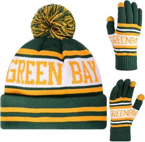 Classic Skull Cap Beanie Hat with Faux Fur Pom Cuffed Winter Hat Knit Comes with Warm Touch Screen Gloves Gifts in Saudi Arabia