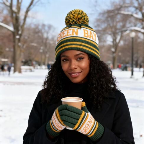 Classic Skull Cap Beanie Hat with Faux Fur Pom Cuffed Winter Hat Knit Comes with Warm Touch Screen Gloves Gifts in Saudi Arabia