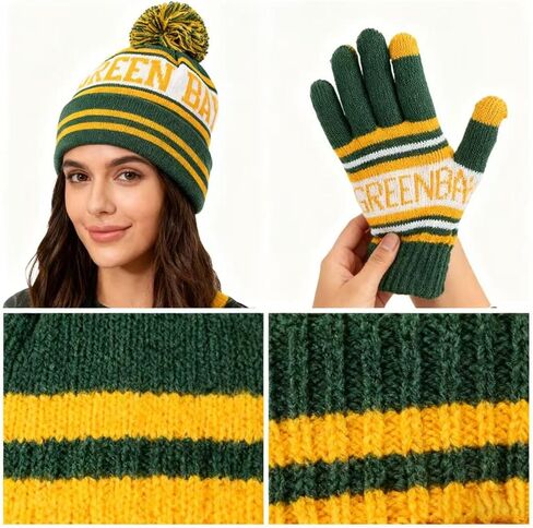 Classic Skull Cap Beanie Hat with Faux Fur Pom Cuffed Winter Hat Knit Comes with Warm Touch Screen Gloves Gifts in Saudi Arabia