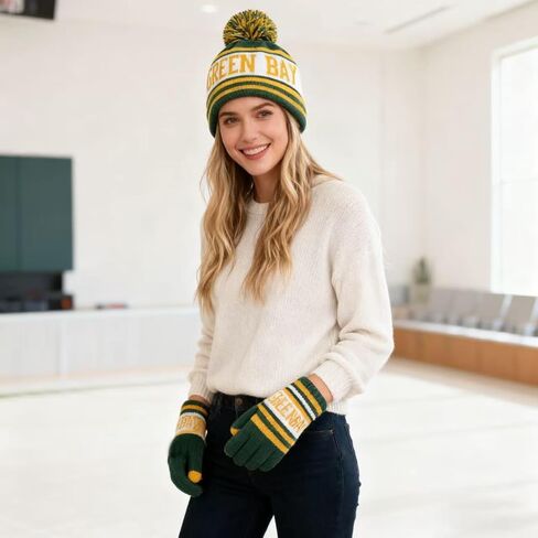 Classic Skull Cap Beanie Hat with Faux Fur Pom Cuffed Winter Hat Knit Comes with Warm Touch Screen Gloves Gifts in Saudi Arabia