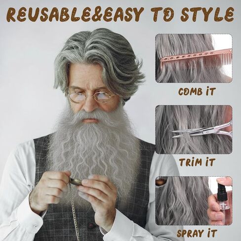 Grey Beard Wig, 12 in Long Curly Wizard Beard with Elastic Band, Old Man Fake Costume Beards for Theater Cosplay, Dress up Fun, Halloween and Christmas Party in Saudi Arabia